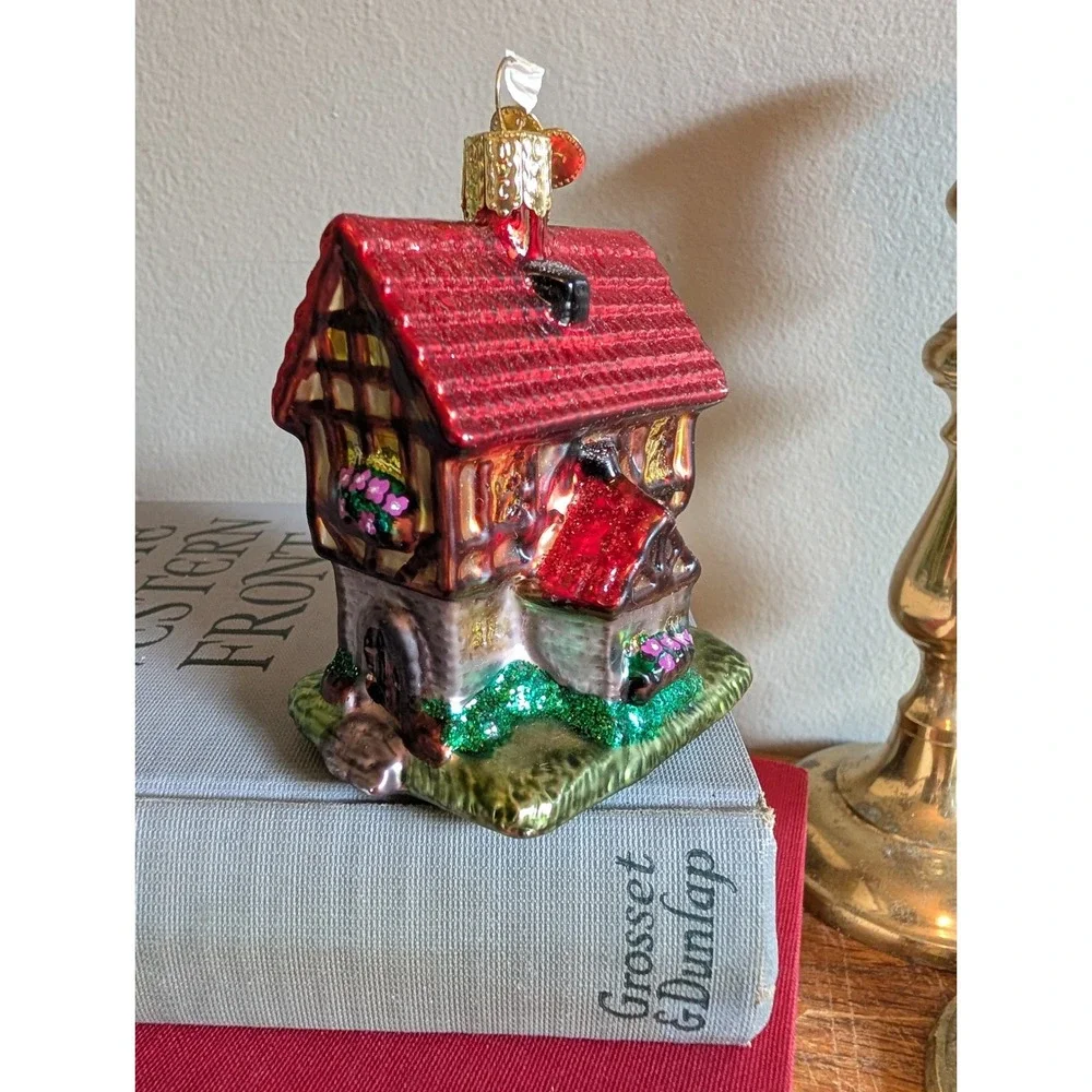 Old World Christmas Glass Ornaments Santa Claus and Tudor Cottage Set of 2